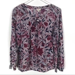 Lucky Brand Floral Boho Romantic Blouse Keyhole Long Sleeve Top M